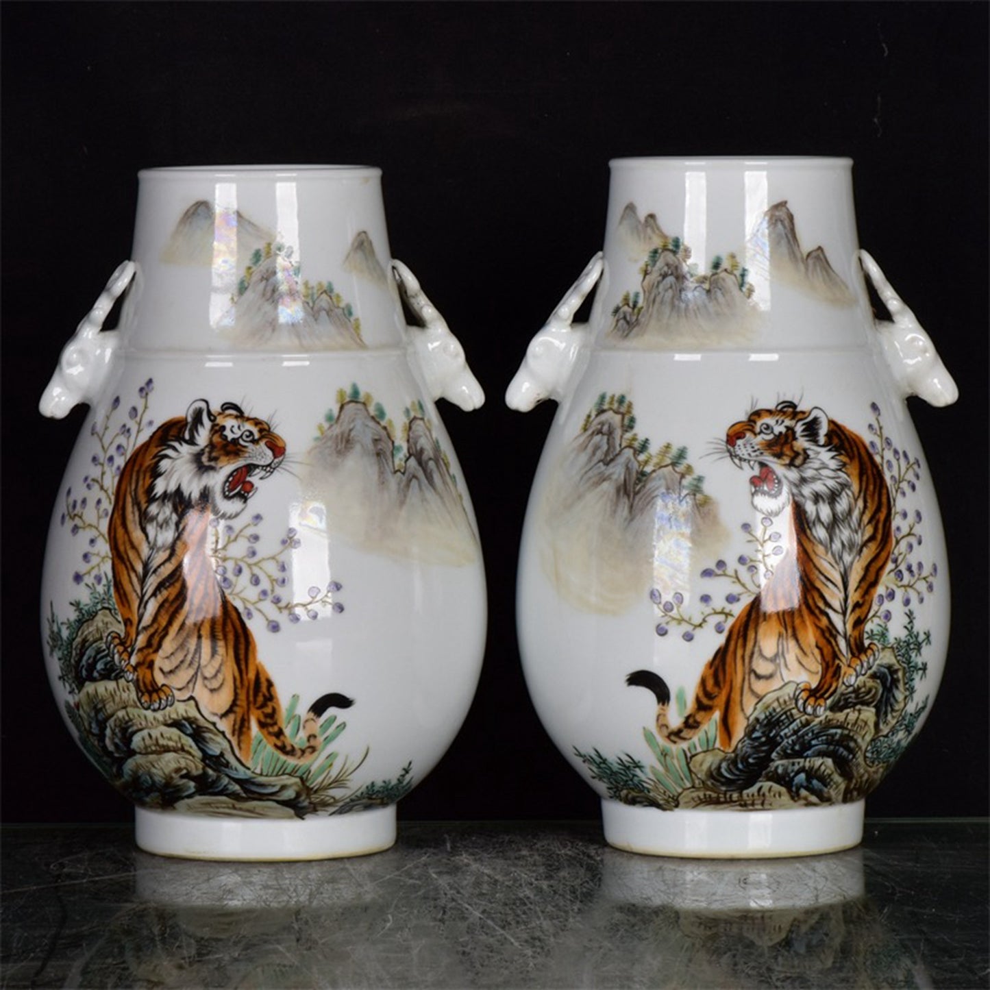 Chinese Antique Mountain and River Pattern Double Eared Deer Head Zun