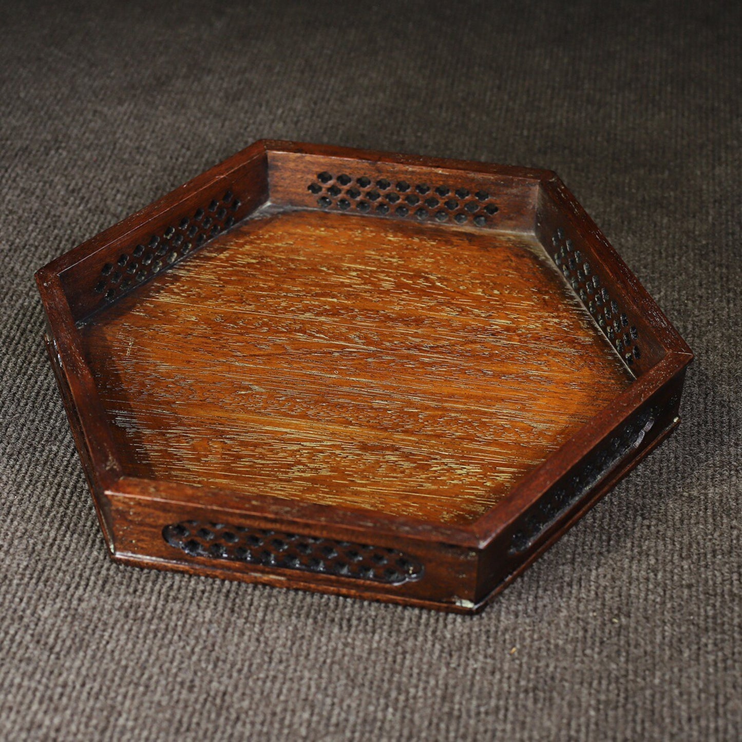Chinese antique rosewood hollowed out carved hexagonal tea tray