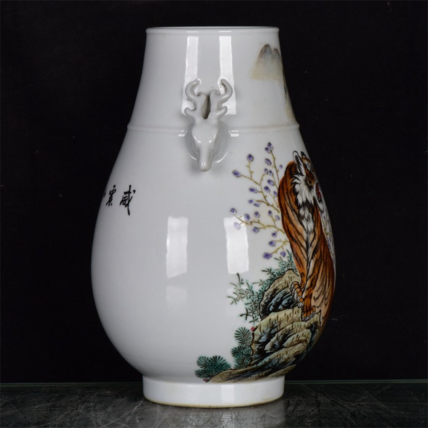 Chinese Antique Mountain and River Pattern Double Eared Deer Head Zun