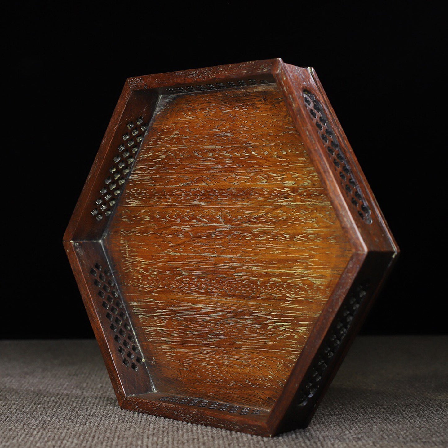 Chinese antique rosewood hollowed out carved hexagonal tea tray