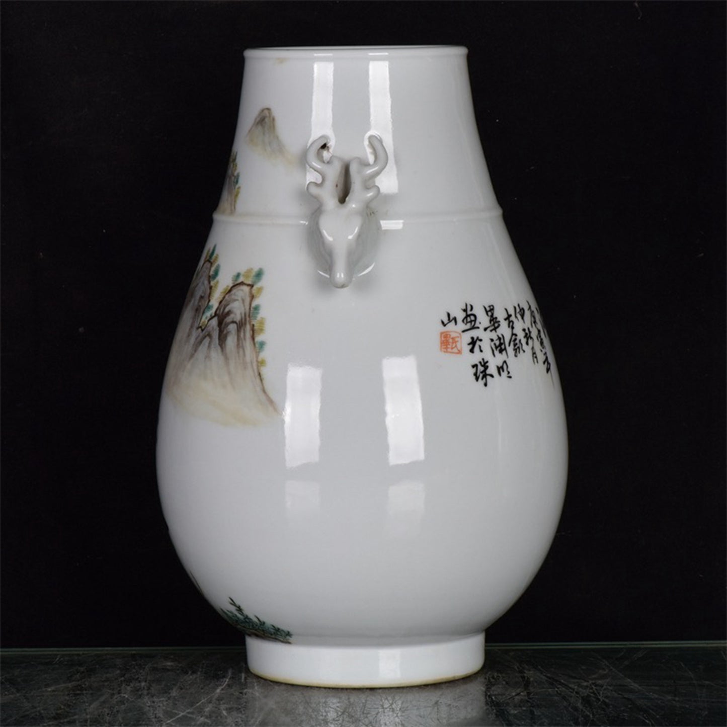 Chinese Antique Mountain and River Pattern Double Eared Deer Head Zun
