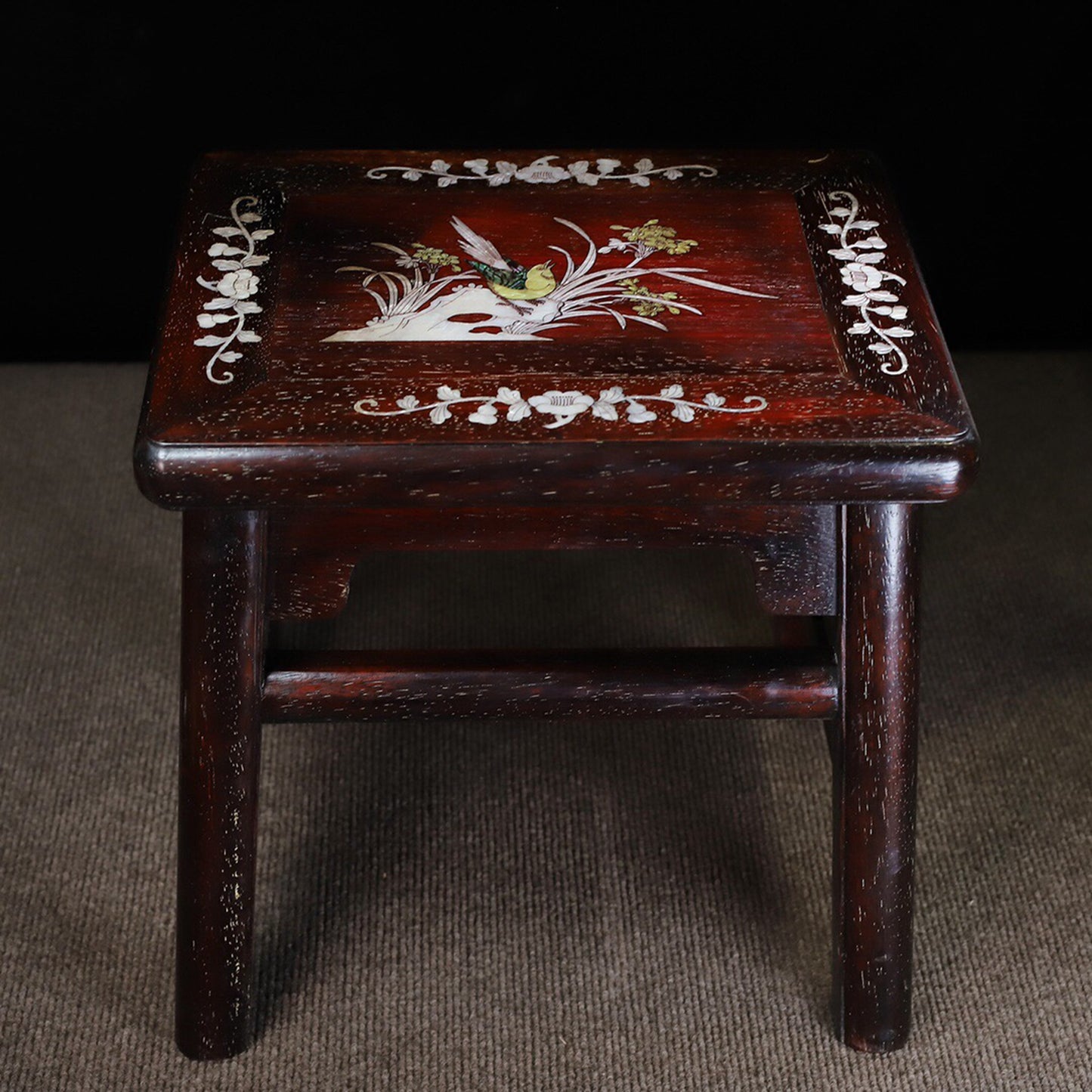 Chinese antique purple sandalwood inlaid with colorful shells rectangular rich and noble stool