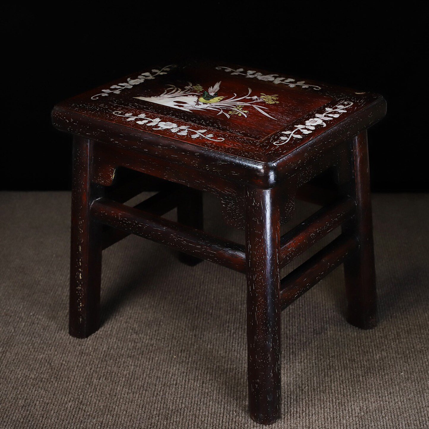 Chinese antique purple sandalwood inlaid with colorful shells rectangular rich and noble stool