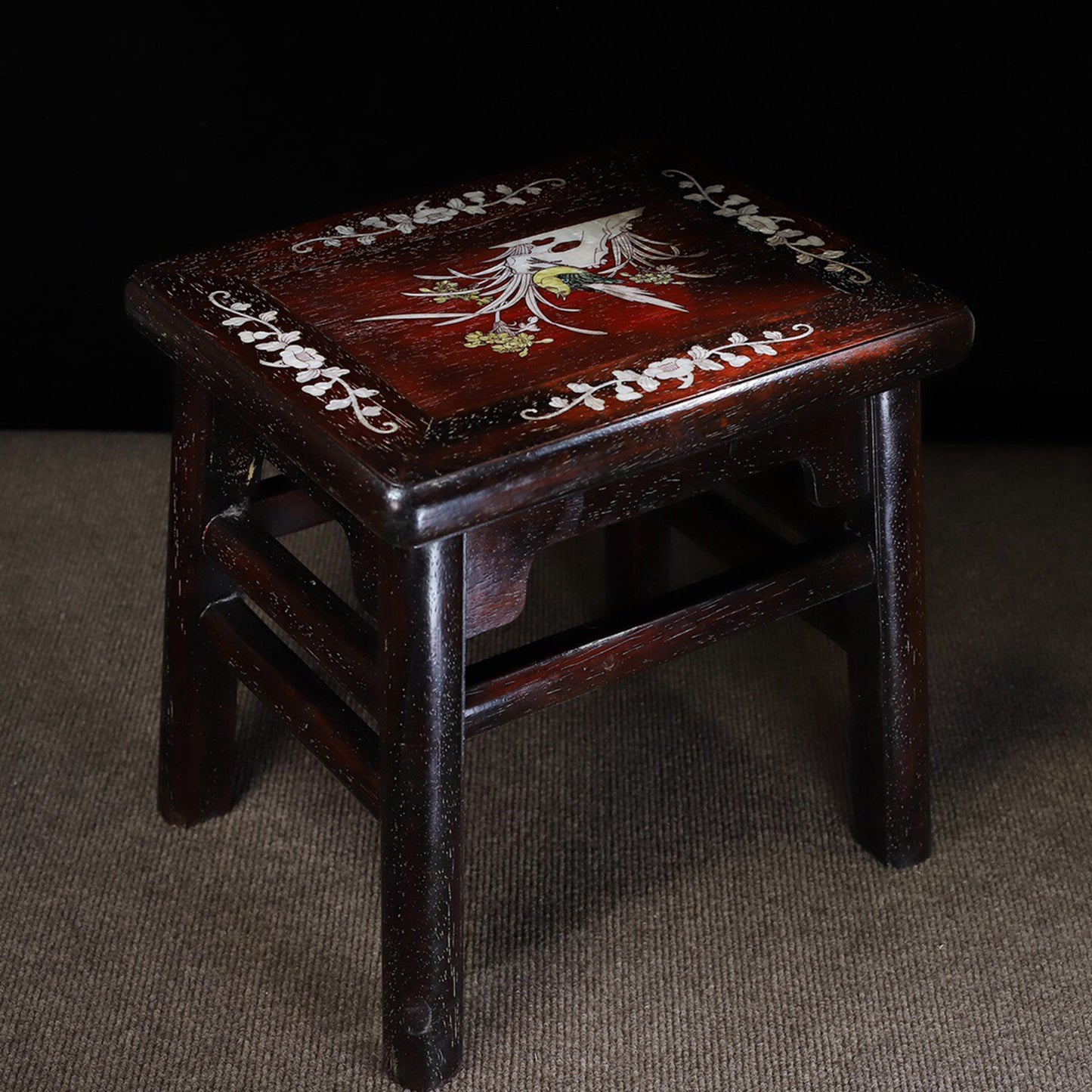 Chinese antique purple sandalwood inlaid with colorful shells rectangular rich and noble stool