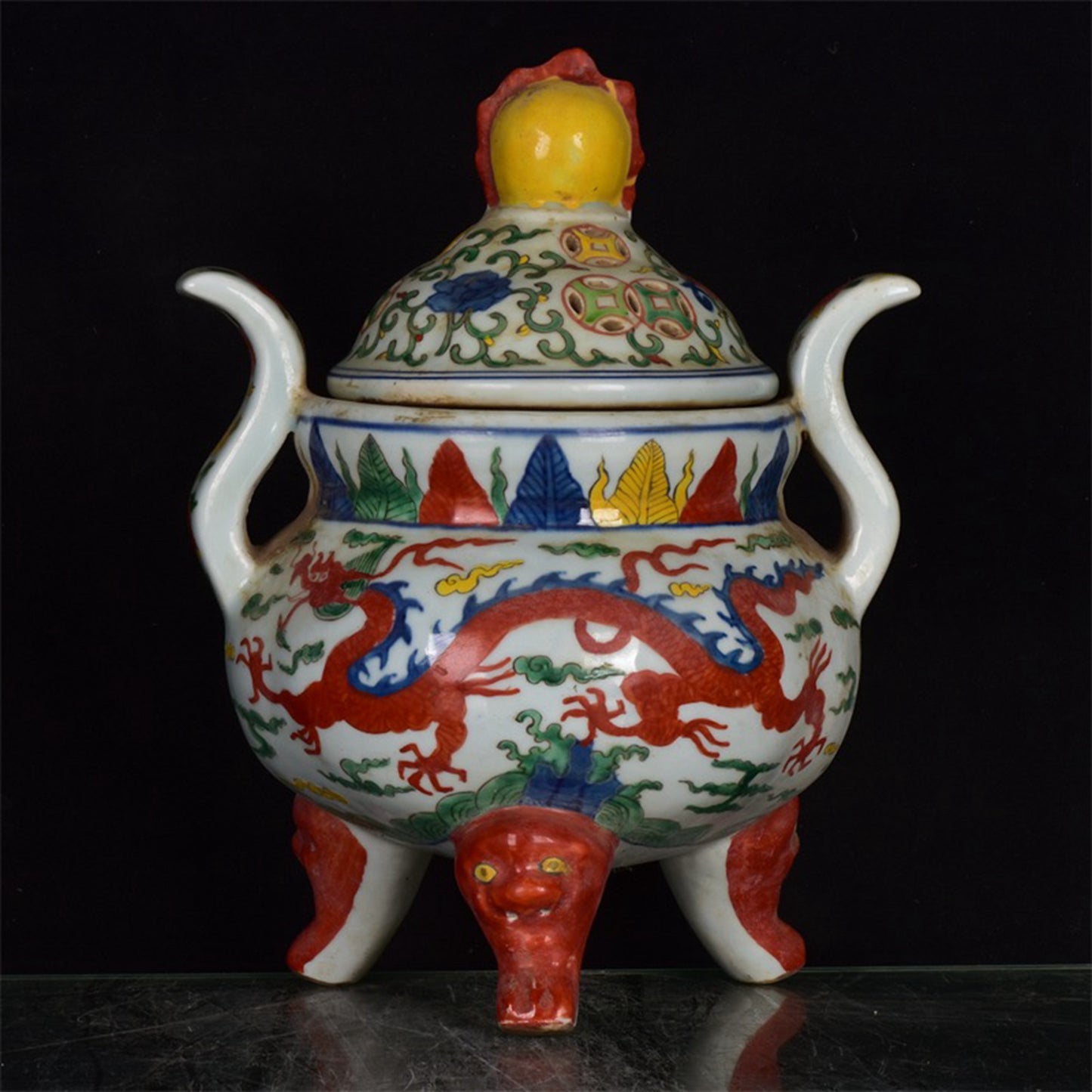 Chinese Antique Colorful Dragon Pattern Three legged Hollow Double Ear Incense Burner