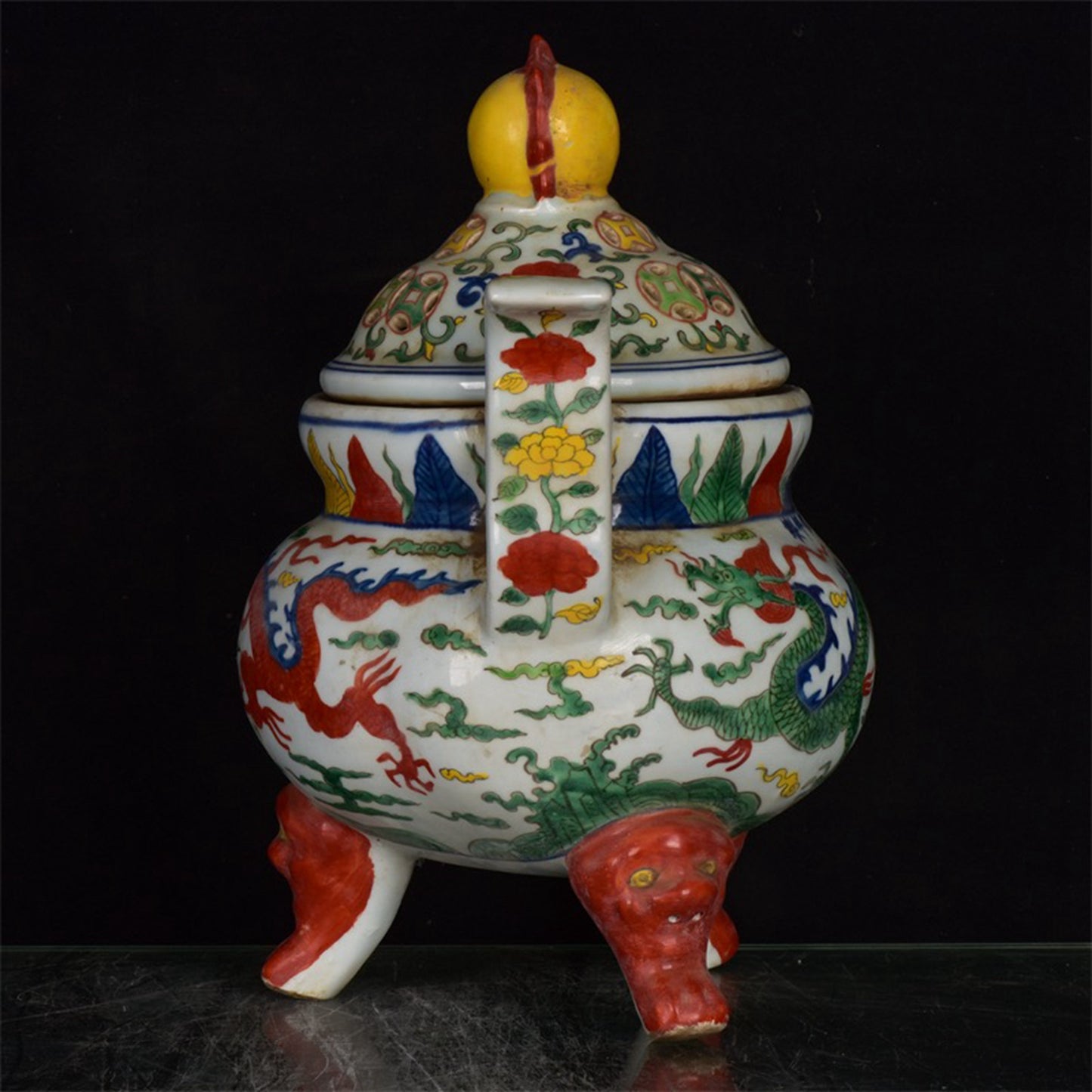 Chinese Antique Colorful Dragon Pattern Three legged Hollow Double Ear Incense Burner
