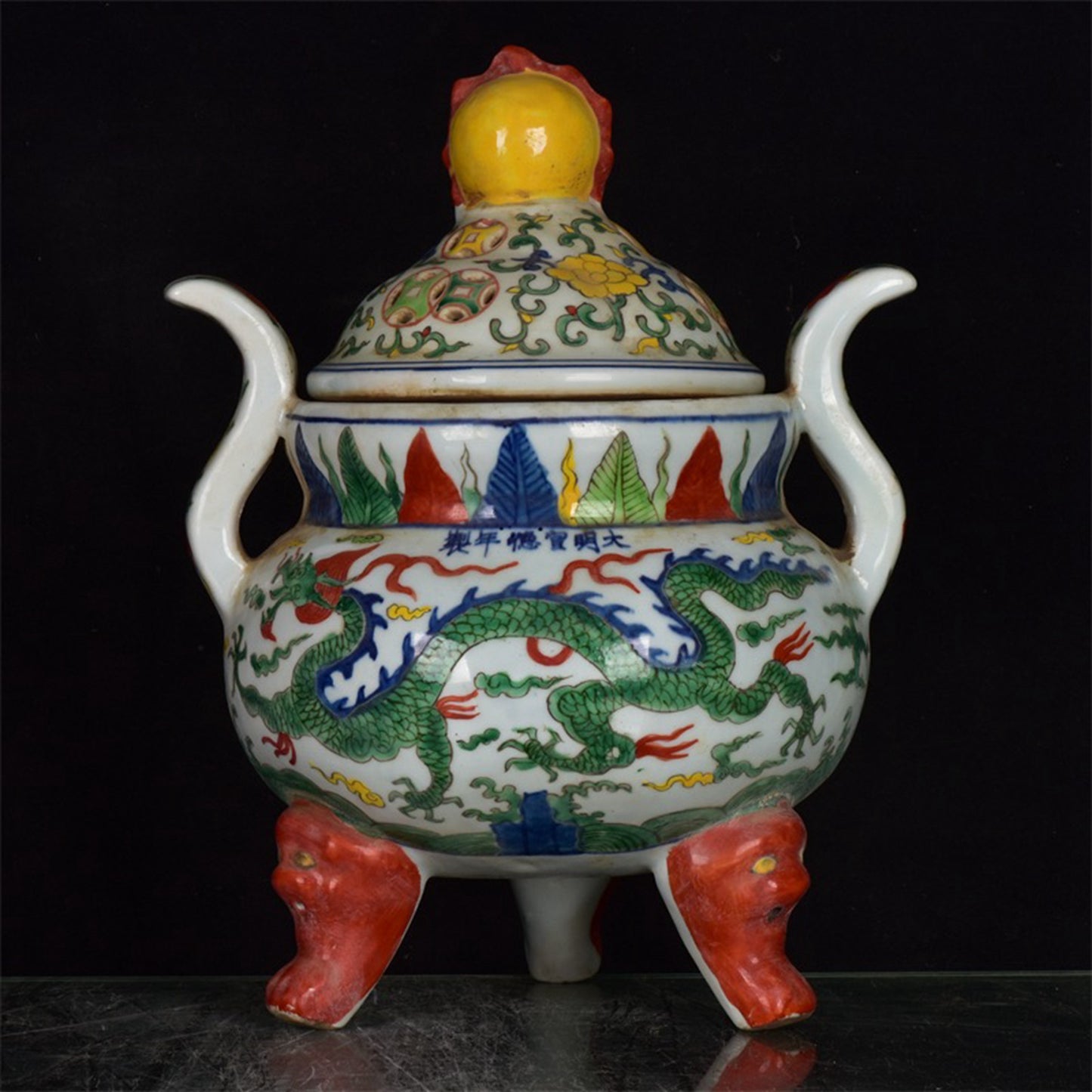 Chinese Antique Colorful Dragon Pattern Three legged Hollow Double Ear Incense Burner
