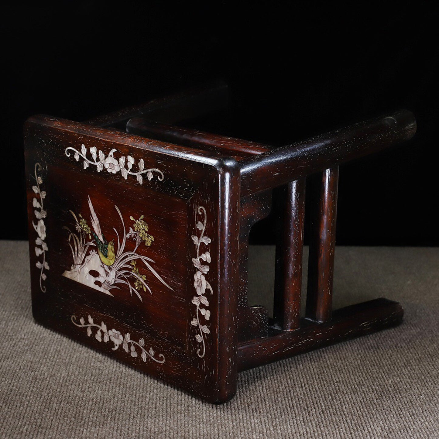 Chinese antique purple sandalwood inlaid with colorful shells rectangular rich and noble stool