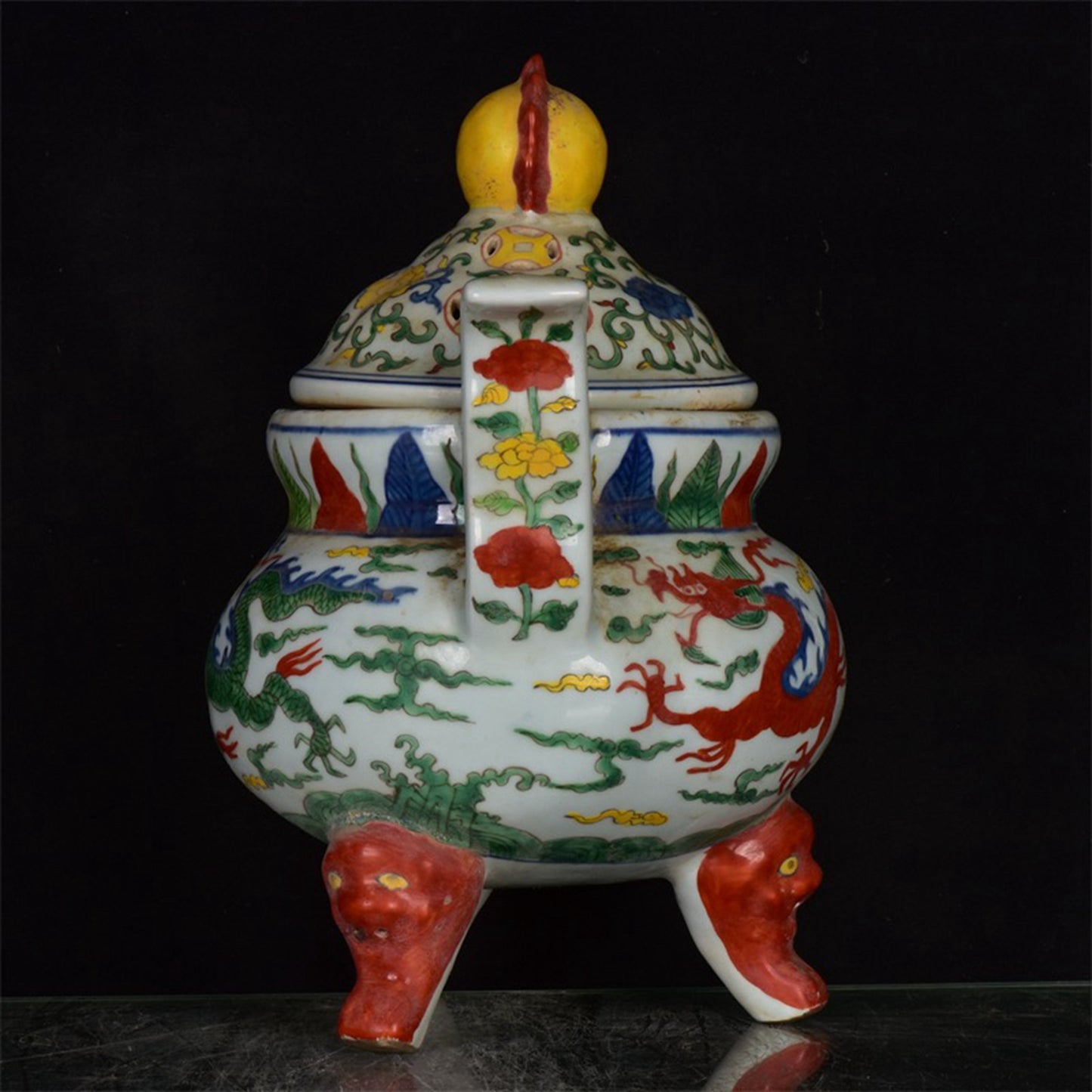 Chinese Antique Colorful Dragon Pattern Three legged Hollow Double Ear Incense Burner