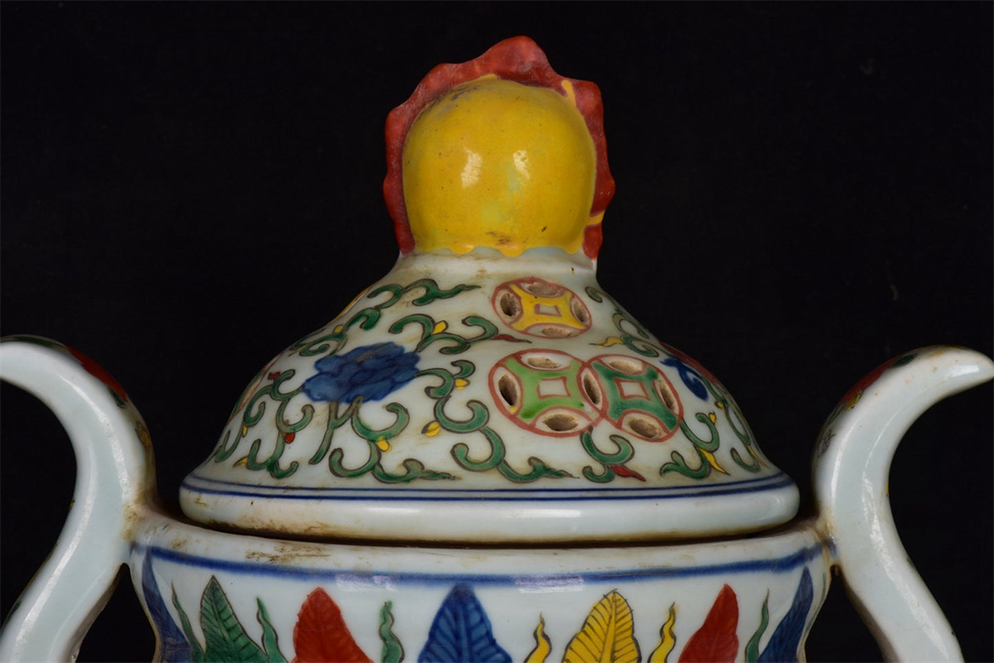 Chinese Antique Colorful Dragon Pattern Three legged Hollow Double Ear Incense Burner
