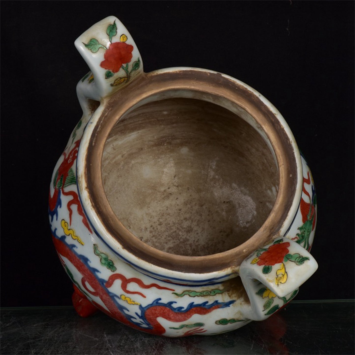Chinese Antique Colorful Dragon Pattern Three legged Hollow Double Ear Incense Burner