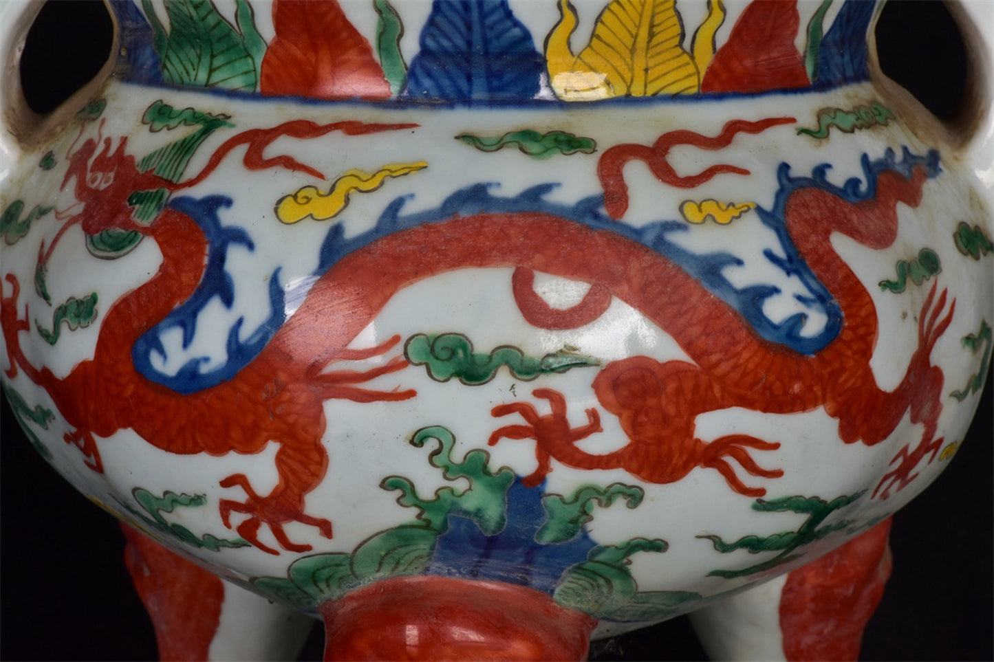 Chinese Antique Colorful Dragon Pattern Three legged Hollow Double Ear Incense Burner