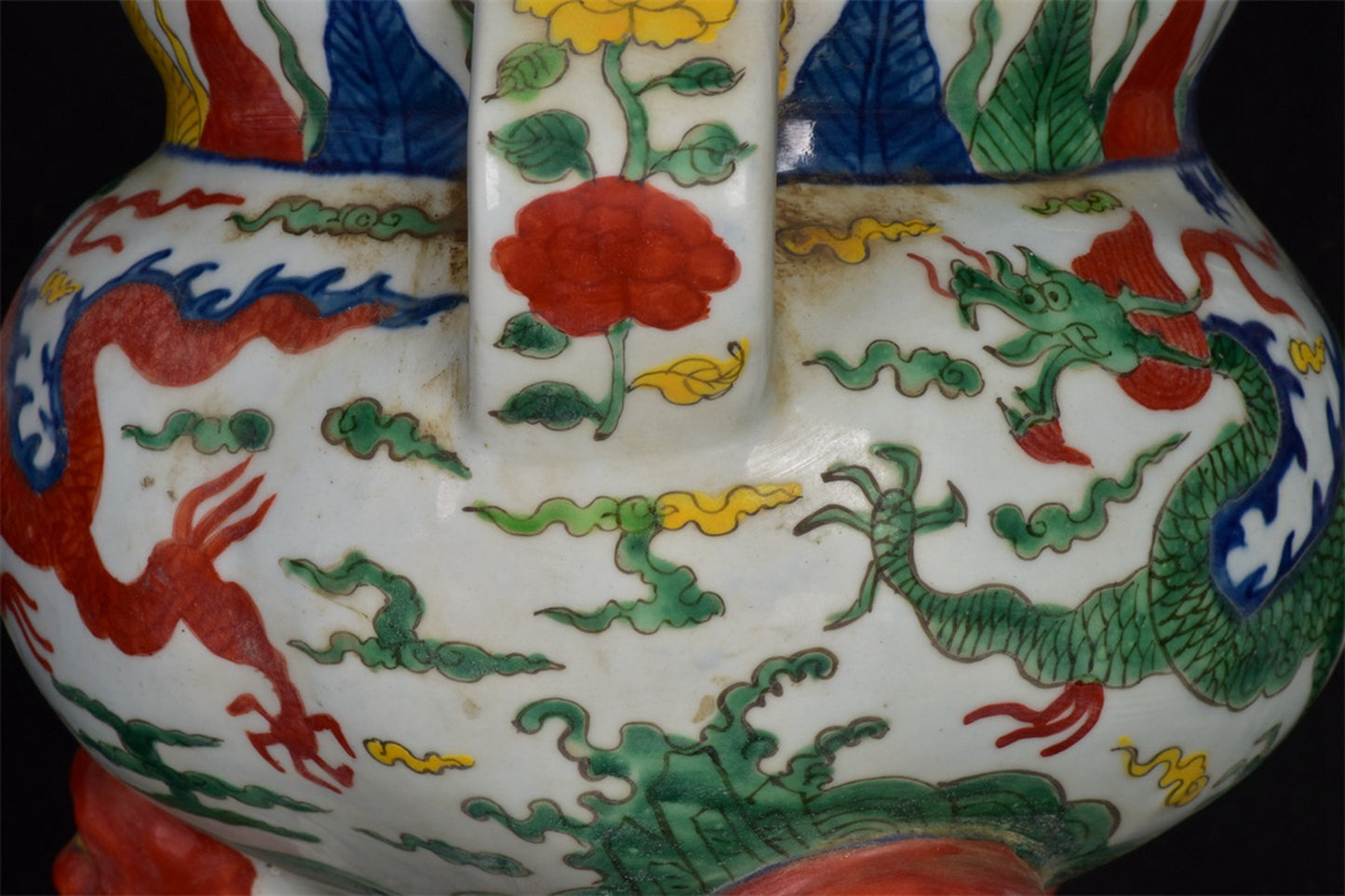 Chinese Antique Colorful Dragon Pattern Three legged Hollow Double Ear Incense Burner