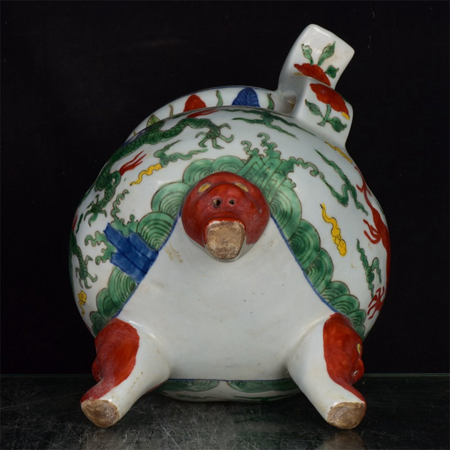 Chinese Antique Colorful Dragon Pattern Three legged Hollow Double Ear Incense Burner