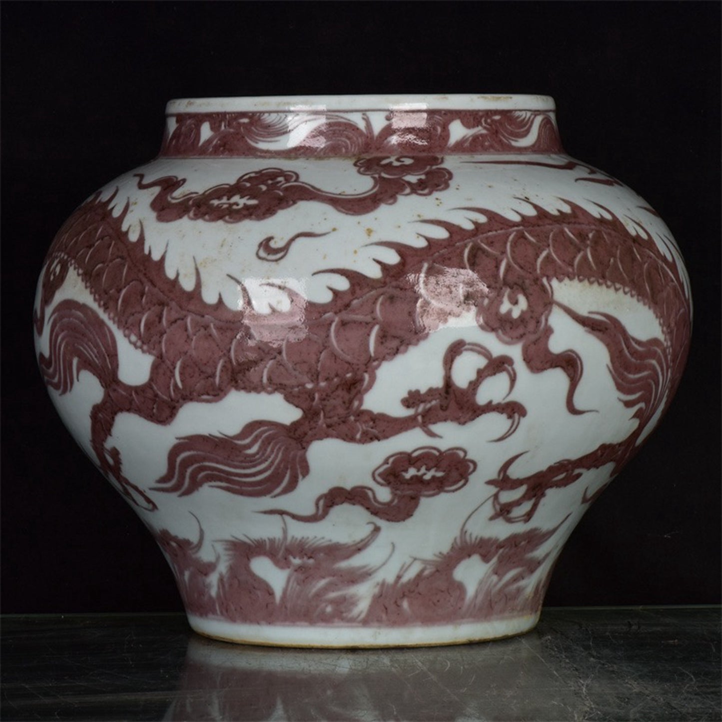 Chinese antique glazed red dragon patterned jars
