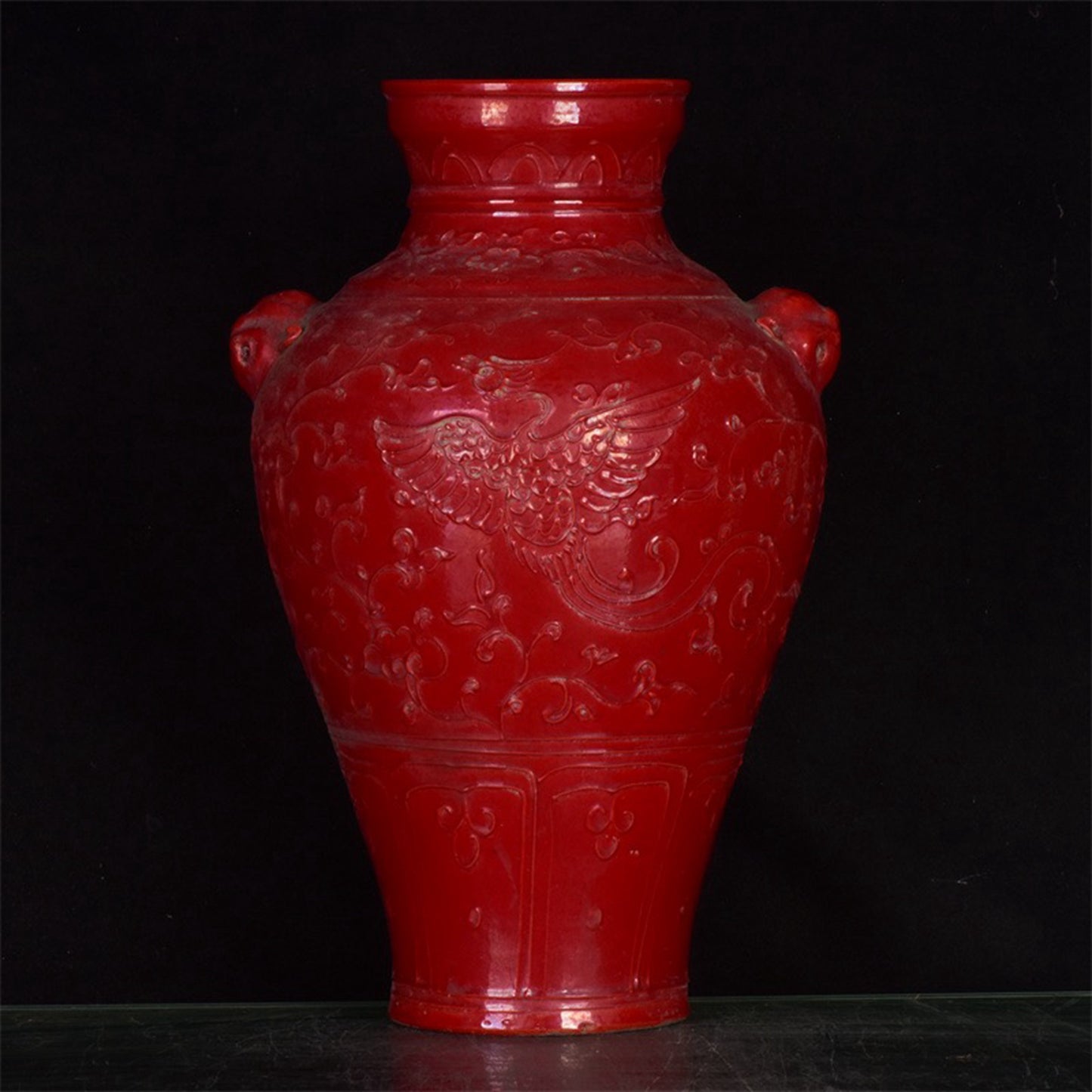 Chinese Antique Red Glazed Relief Phoenix Pattern Double Lion Ear Plum Vase