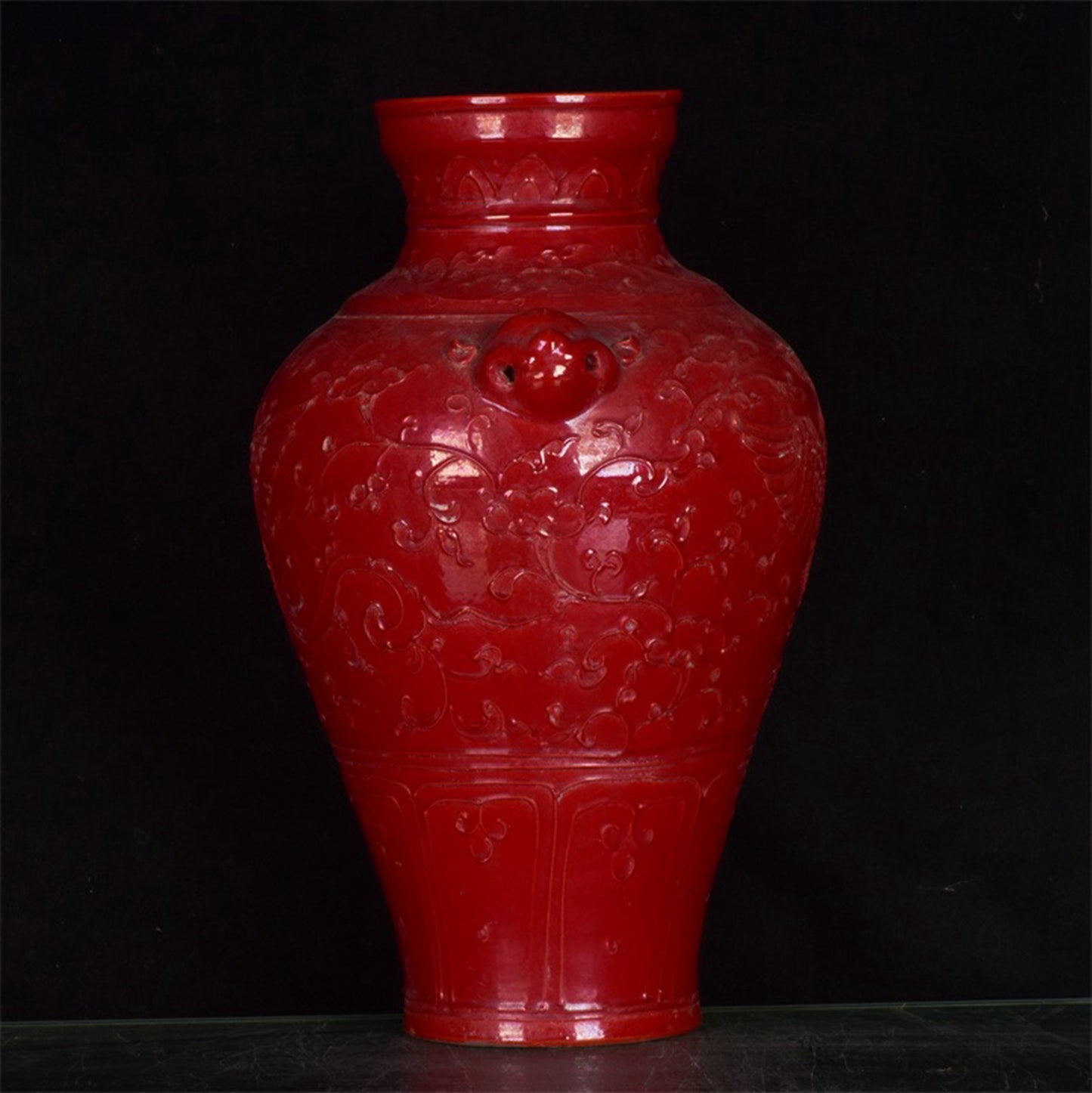 Chinese Antique Red Glazed Relief Phoenix Pattern Double Lion Ear Plum Vase