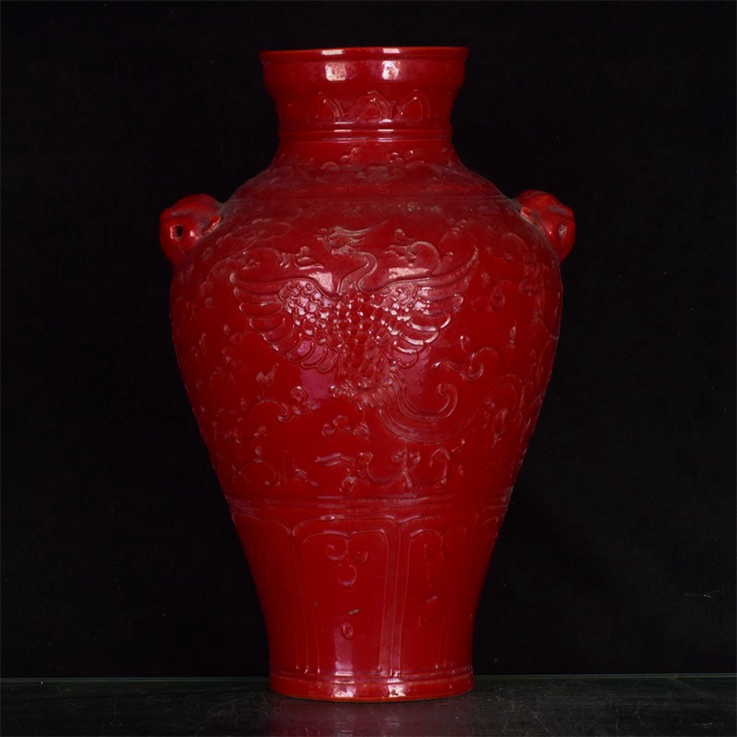 Chinese Antique Red Glazed Relief Phoenix Pattern Double Lion Ear Plum Vase