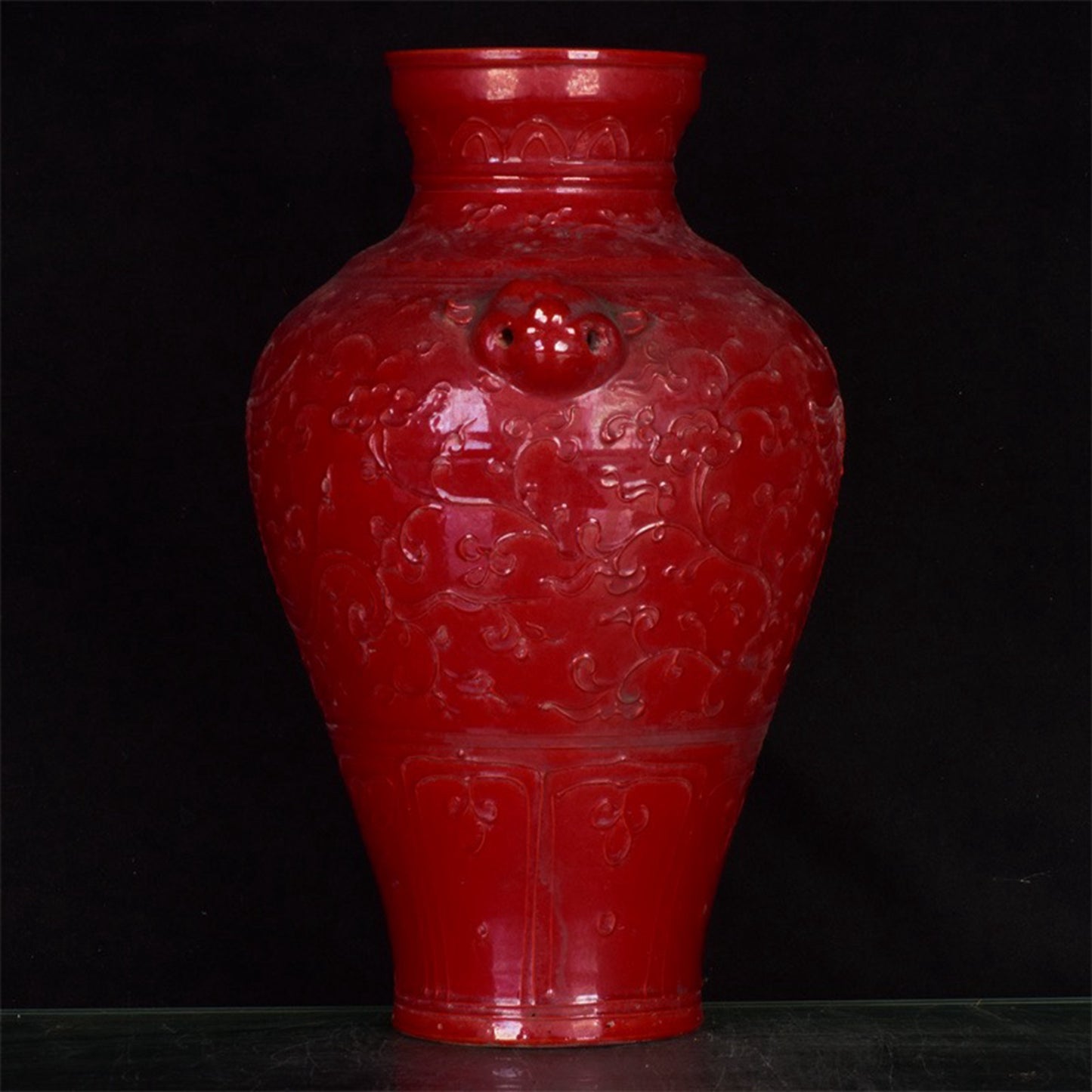 Chinese Antique Red Glazed Relief Phoenix Pattern Double Lion Ear Plum Vase