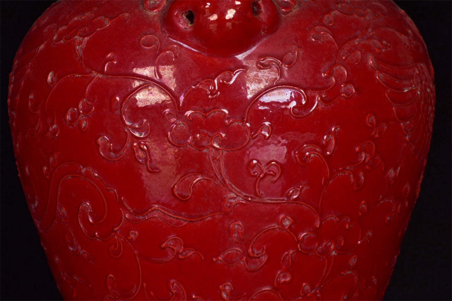 Chinese Antique Red Glazed Relief Phoenix Pattern Double Lion Ear Plum Vase