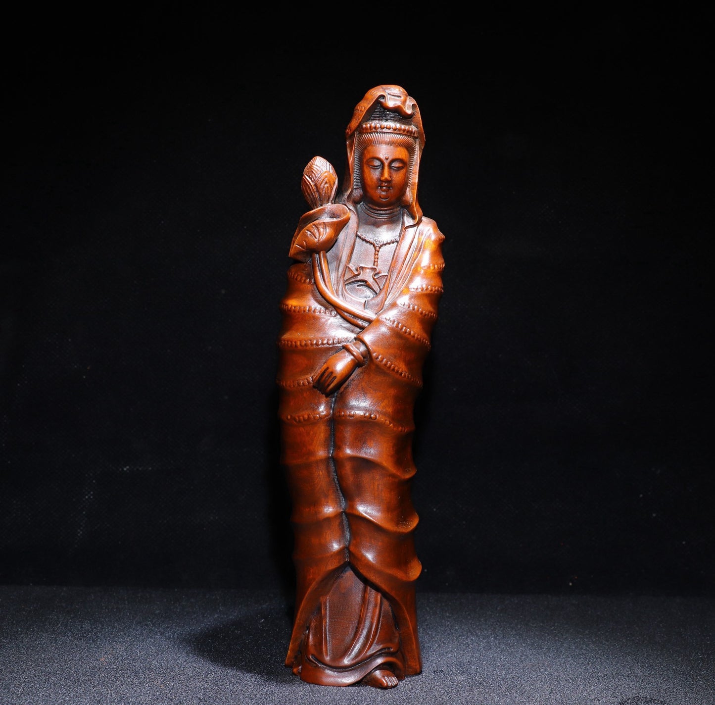 Fine carving of small leaved boxwood Bamboo Lotus Guanyin