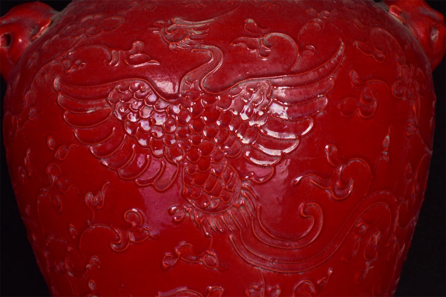 Chinese Antique Red Glazed Relief Phoenix Pattern Double Lion Ear Plum Vase