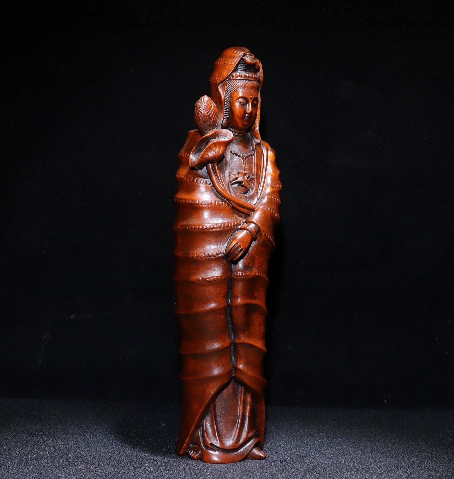 Fine carving of small leaved boxwood Bamboo Lotus Guanyin