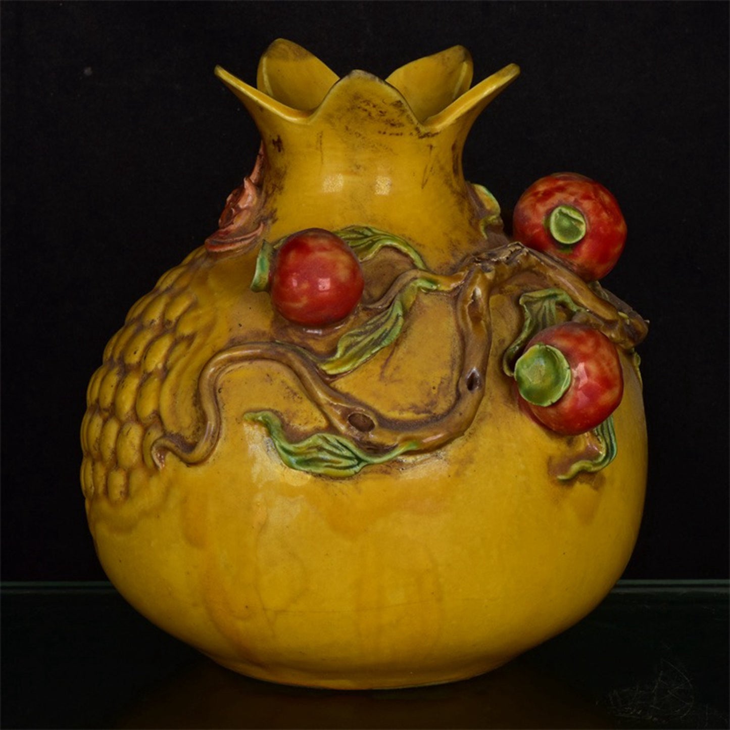 Chinese Antique Yellow Glazed Relief Duozi Pomegranate Zun