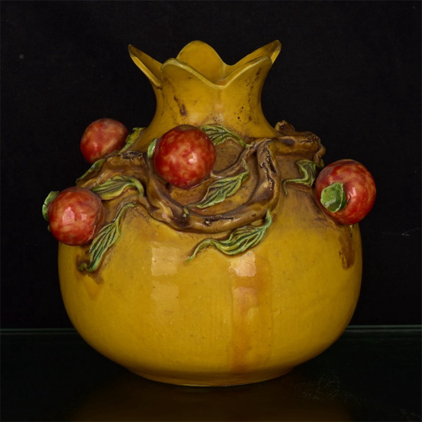 Chinese Antique Yellow Glazed Relief Duozi Pomegranate Zun