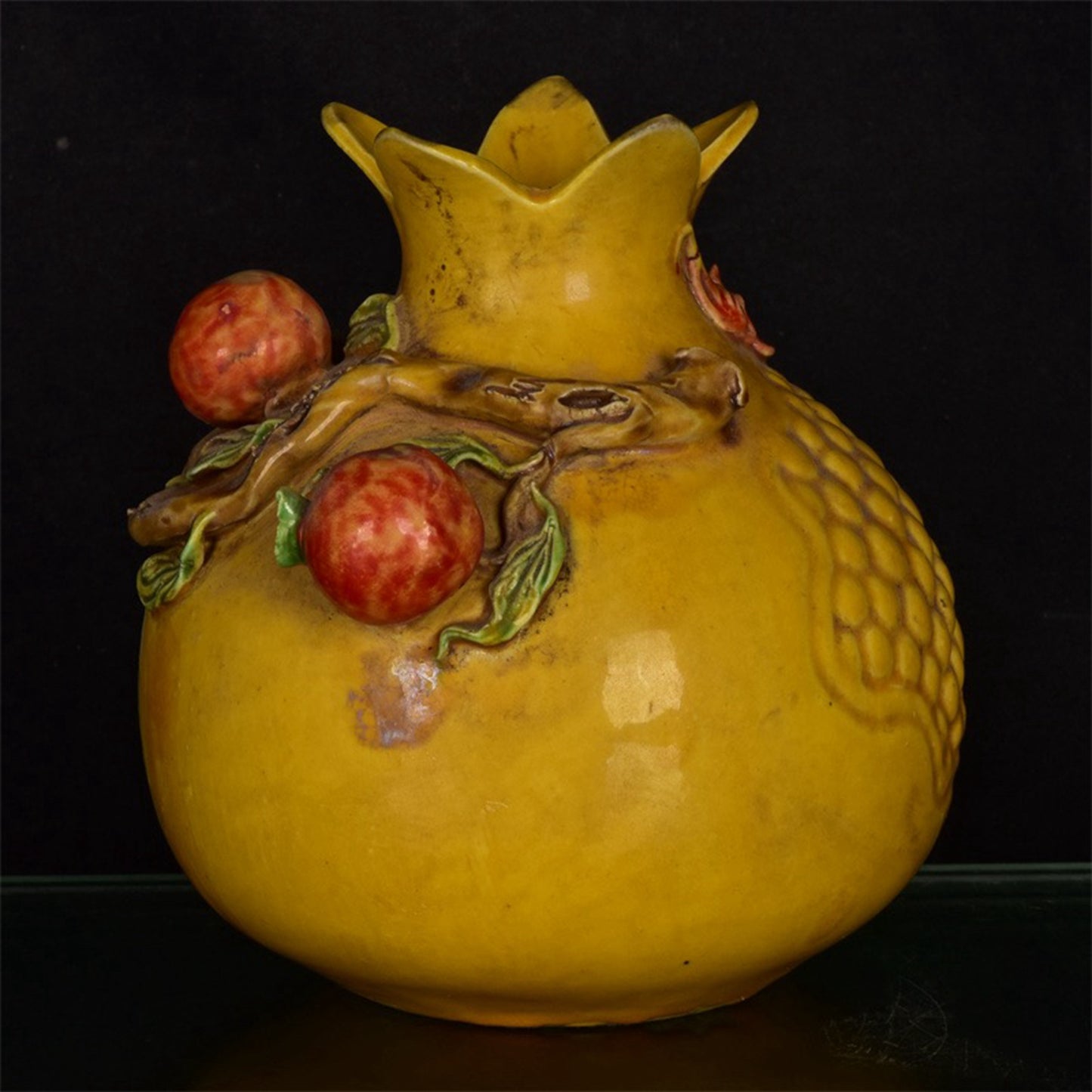 Chinese Antique Yellow Glazed Relief Duozi Pomegranate Zun