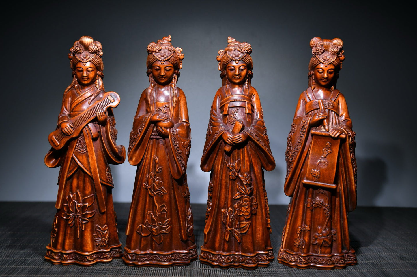 The Four Beauties of Xiaoye Huangyang Wood Sculpture, Qin, Chess, Calligraphy, and Painting