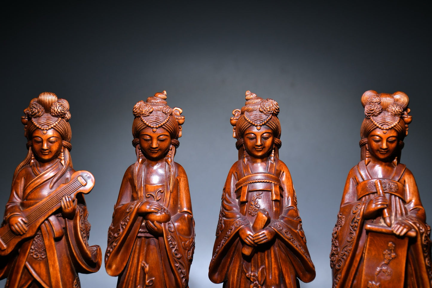 The Four Beauties of Xiaoye Huangyang Wood Sculpture, Qin, Chess, Calligraphy, and Painting