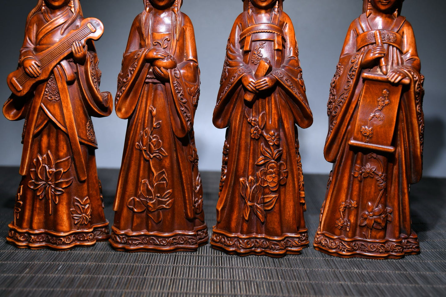 The Four Beauties of Xiaoye Huangyang Wood Sculpture, Qin, Chess, Calligraphy, and Painting