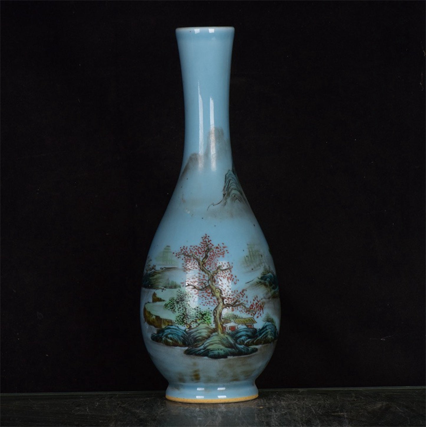Chinese antique blue glazed pink landscape patterned long necked bottle