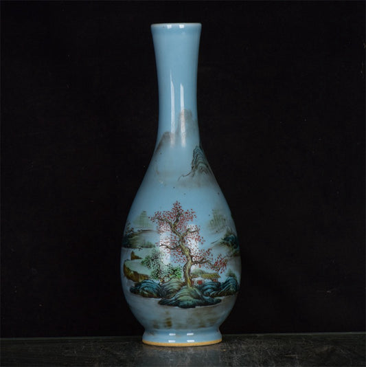 Chinese antique blue glazed pink landscape patterned long necked bottle