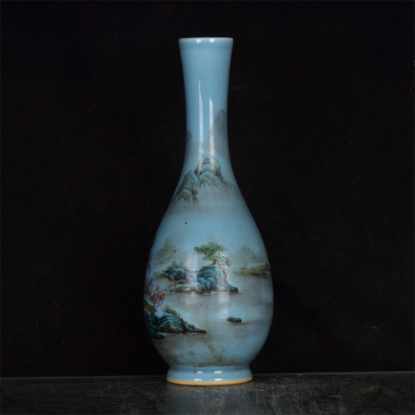 Chinese antique blue glazed pink landscape patterned long necked bottle
