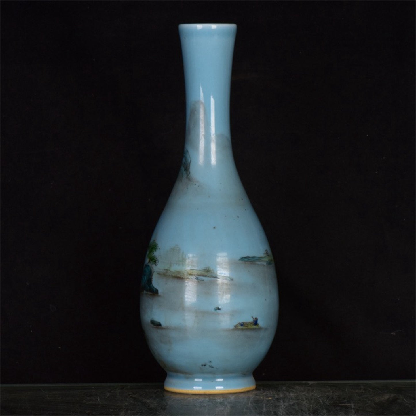 Chinese antique blue glazed pink landscape patterned long necked bottle