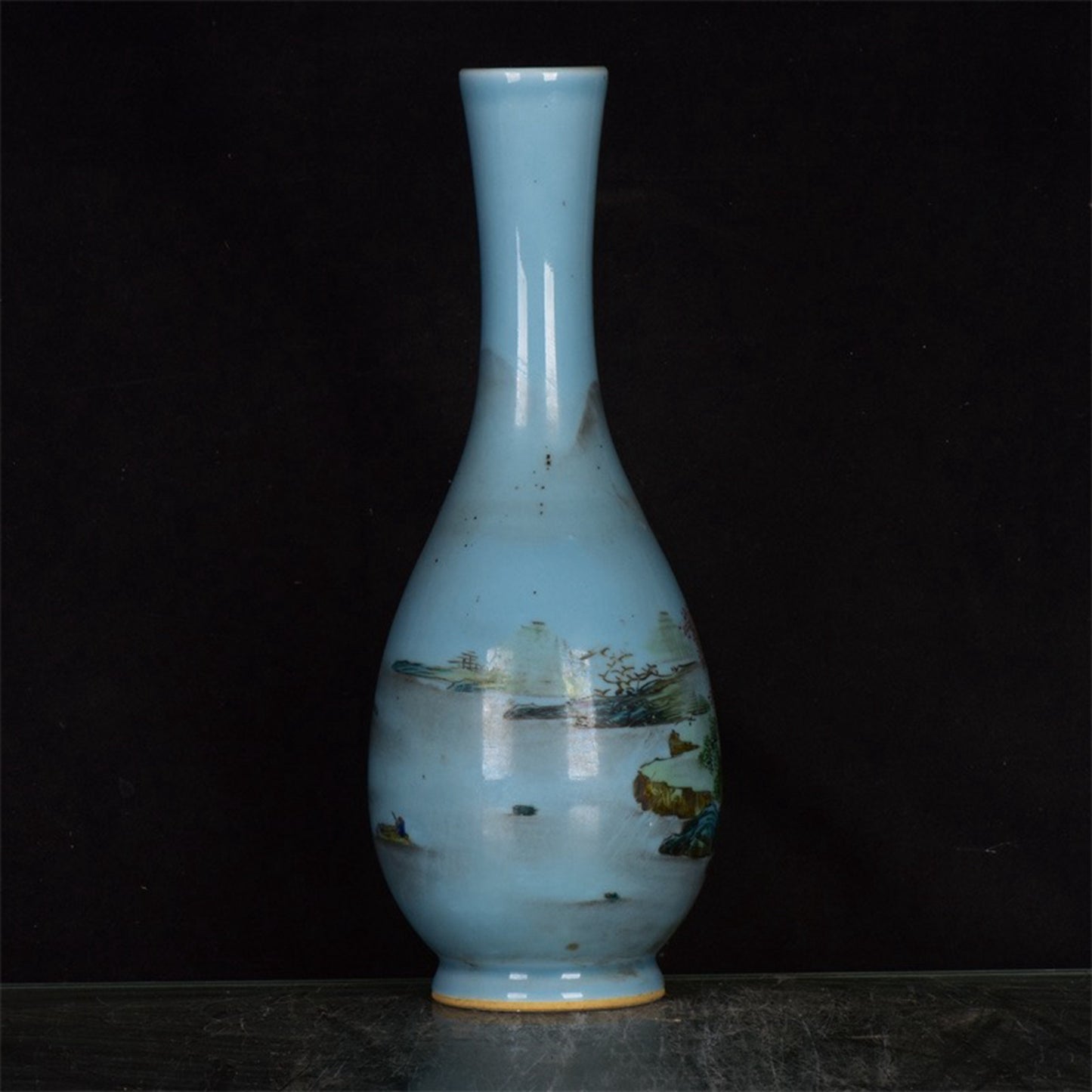 Chinese antique blue glazed pink landscape patterned long necked bottle