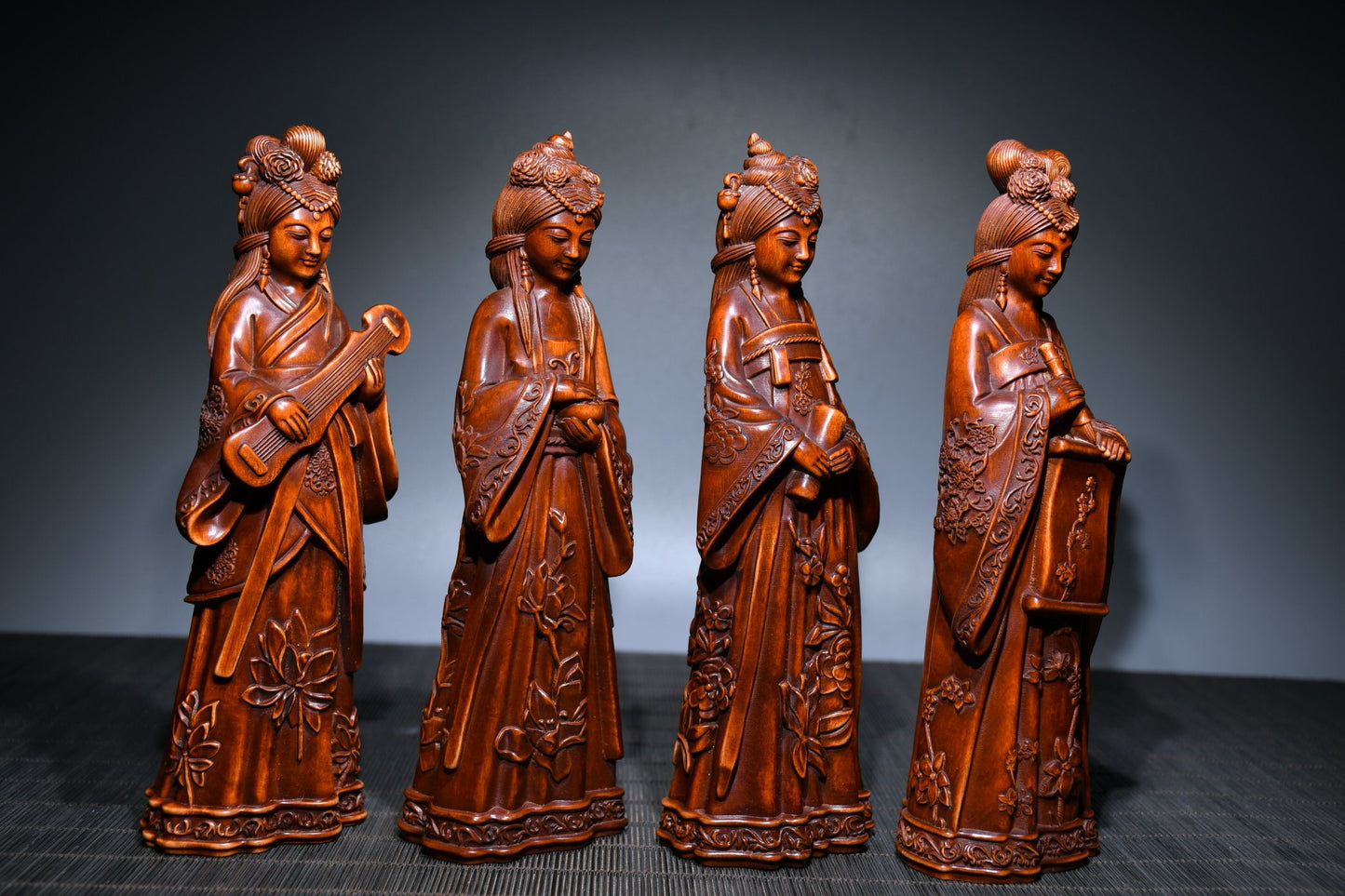 The Four Beauties of Xiaoye Huangyang Wood Sculpture, Qin, Chess, Calligraphy, and Painting