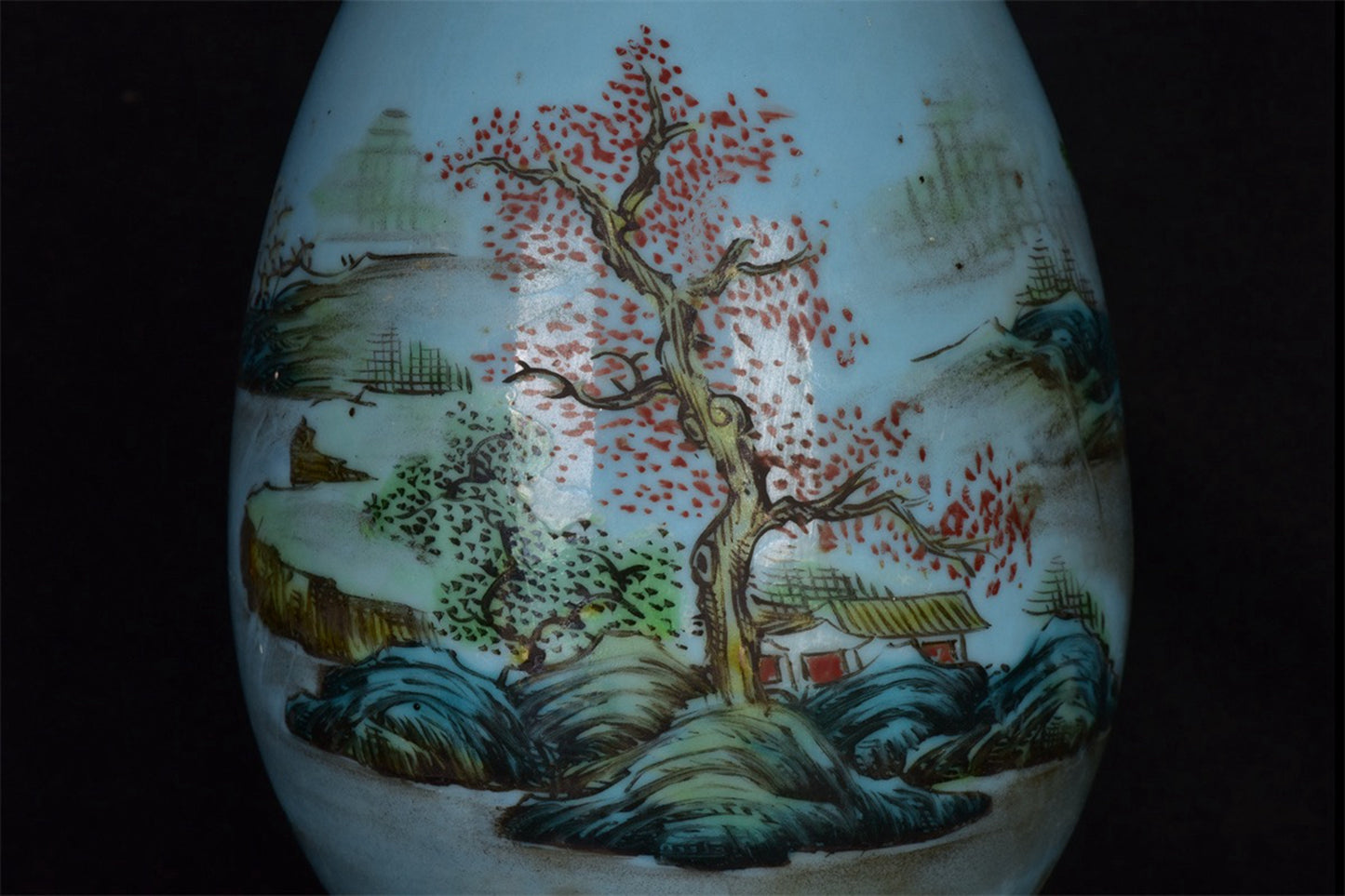 Chinese antique blue glazed pink landscape patterned long necked bottle