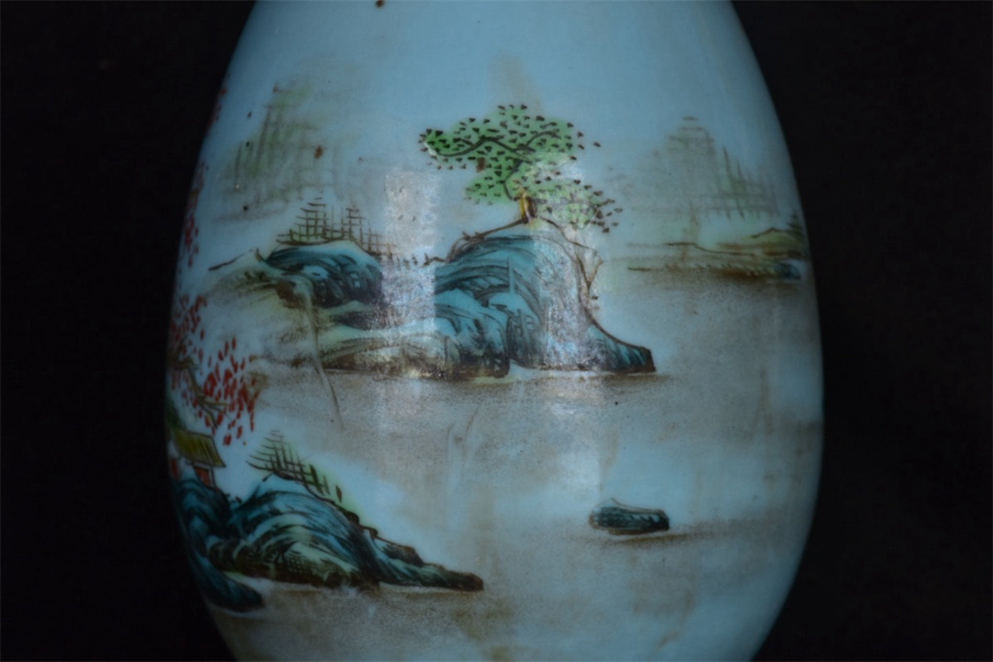 Chinese antique blue glazed pink landscape patterned long necked bottle