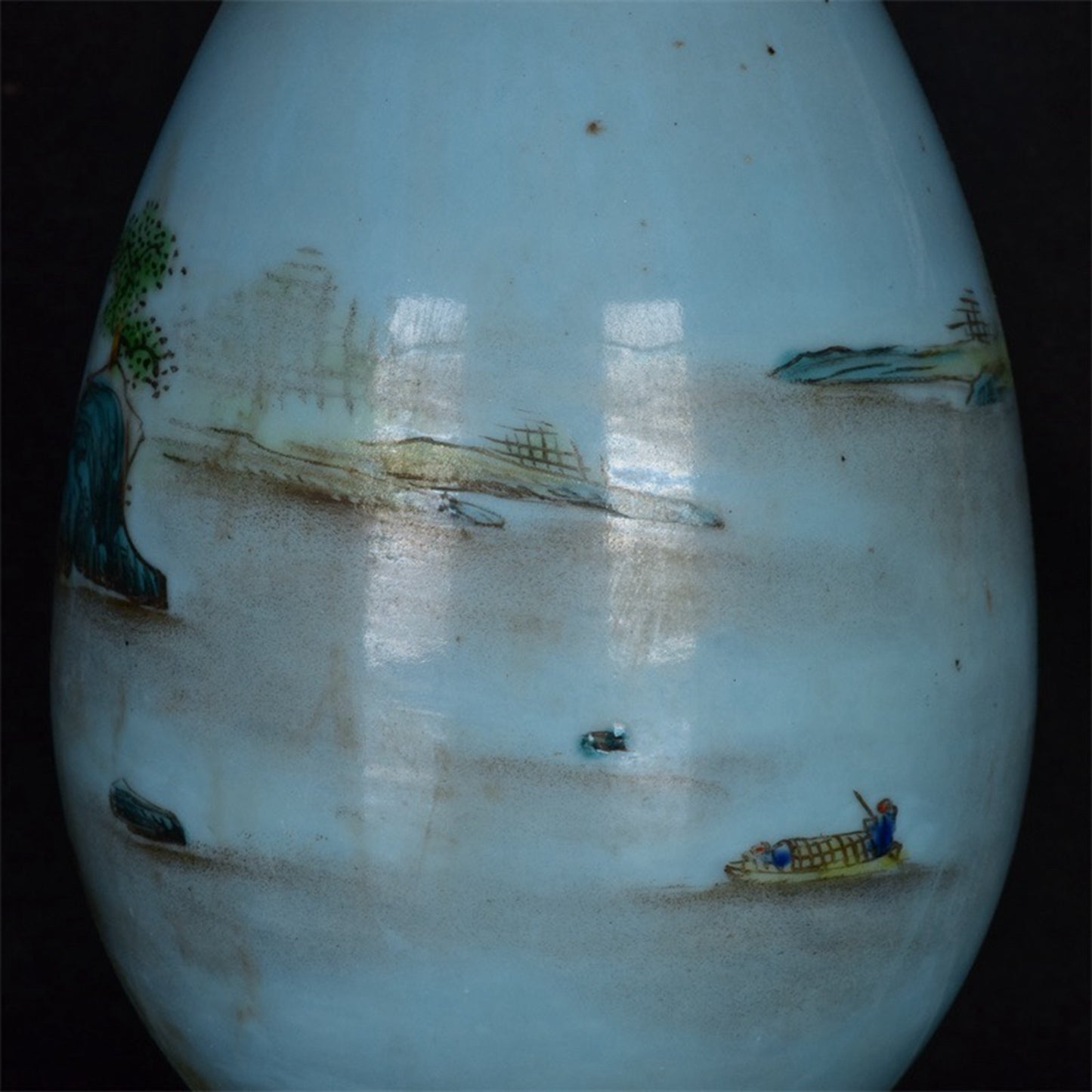 Chinese antique blue glazed pink landscape patterned long necked bottle