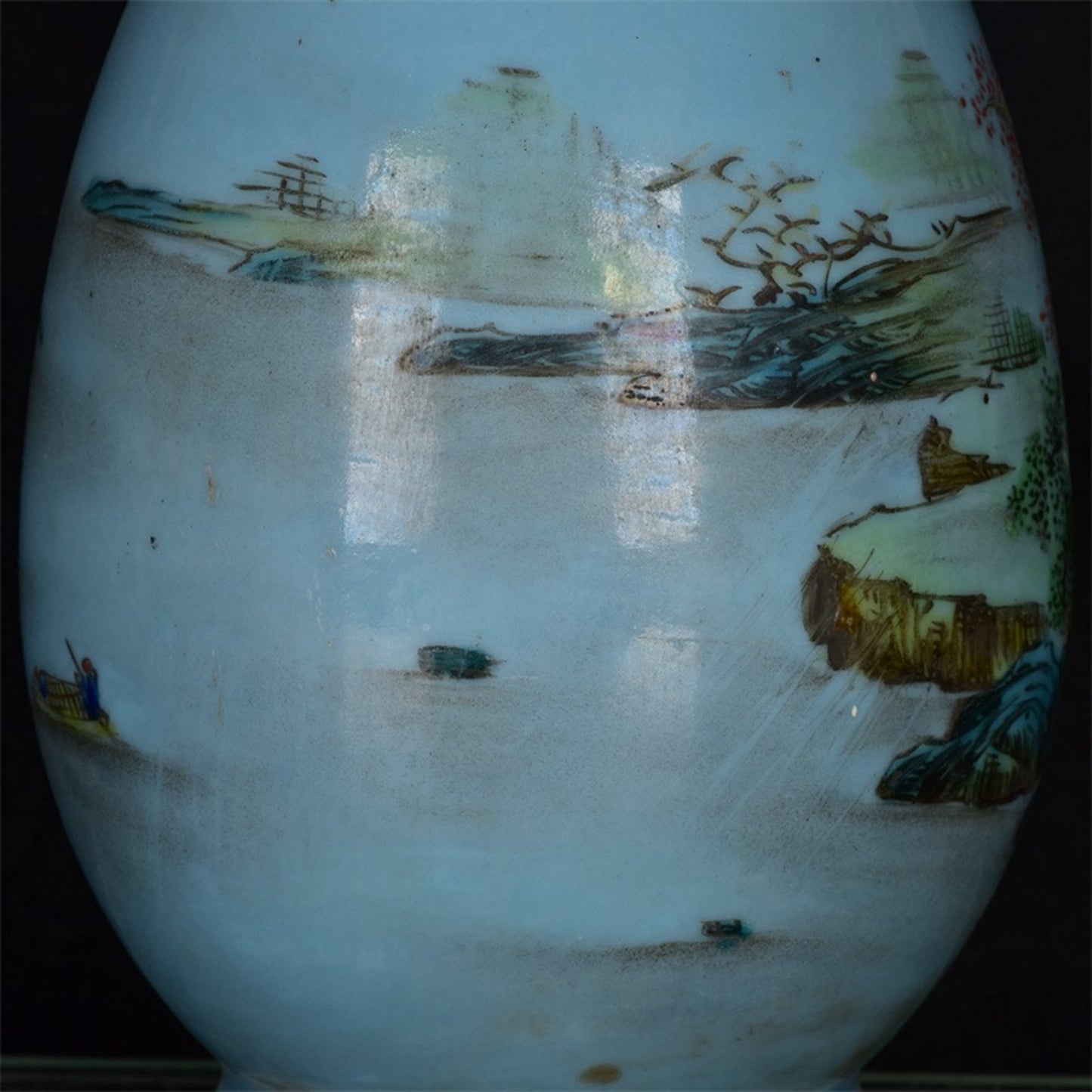 Chinese antique blue glazed pink landscape patterned long necked bottle