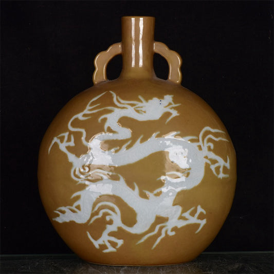 Chinese Antique Sauce Glazed White Dragon Pattern Double Ear Moon Embracing Bottle