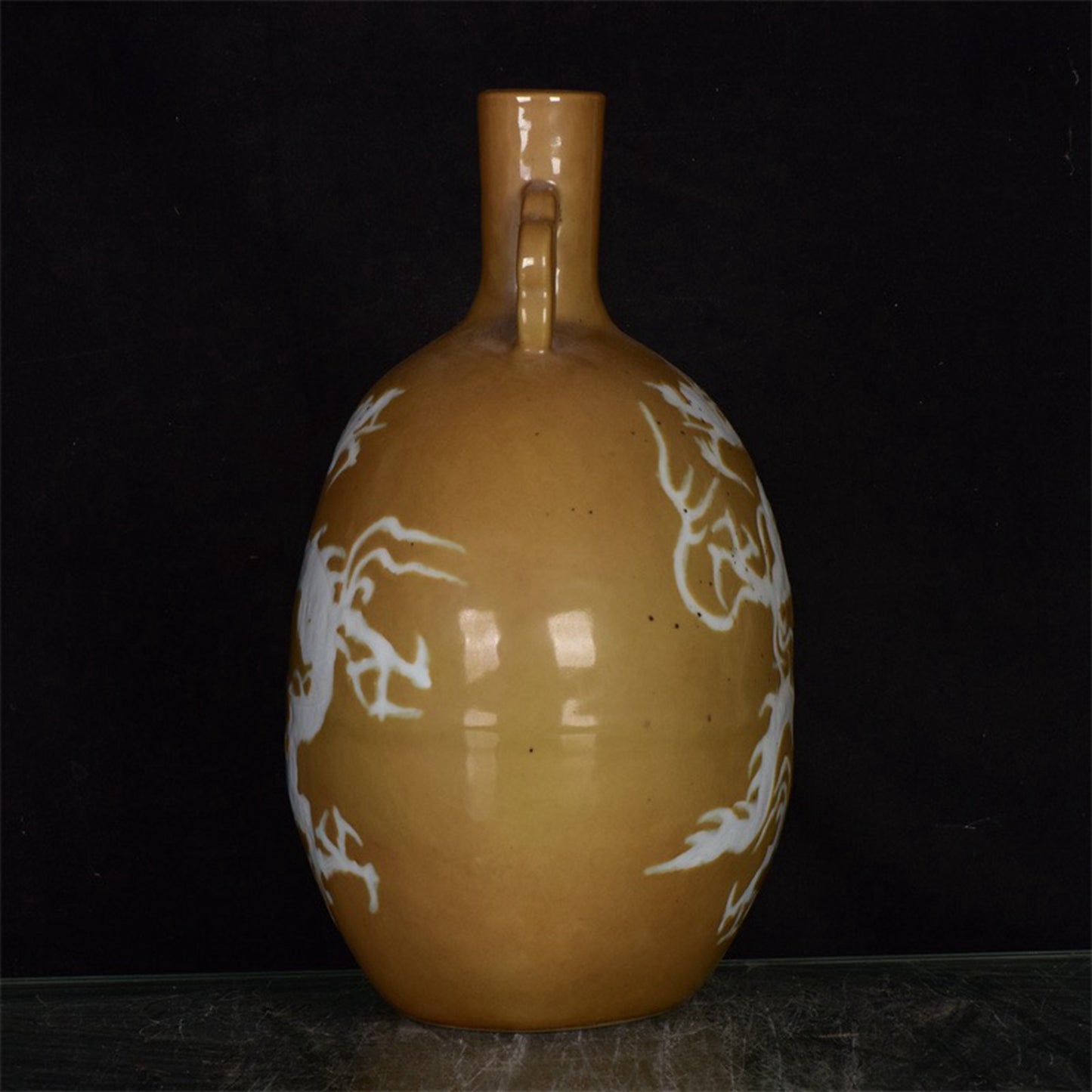 Chinese Antique Sauce Glazed White Dragon Pattern Double Ear Moon Embracing Bottle