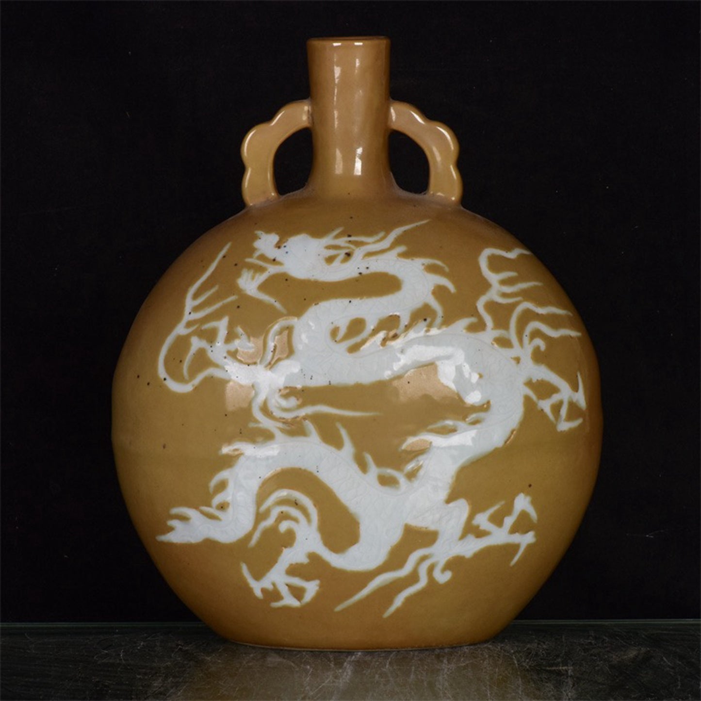 Chinese Antique Sauce Glazed White Dragon Pattern Double Ear Moon Embracing Bottle