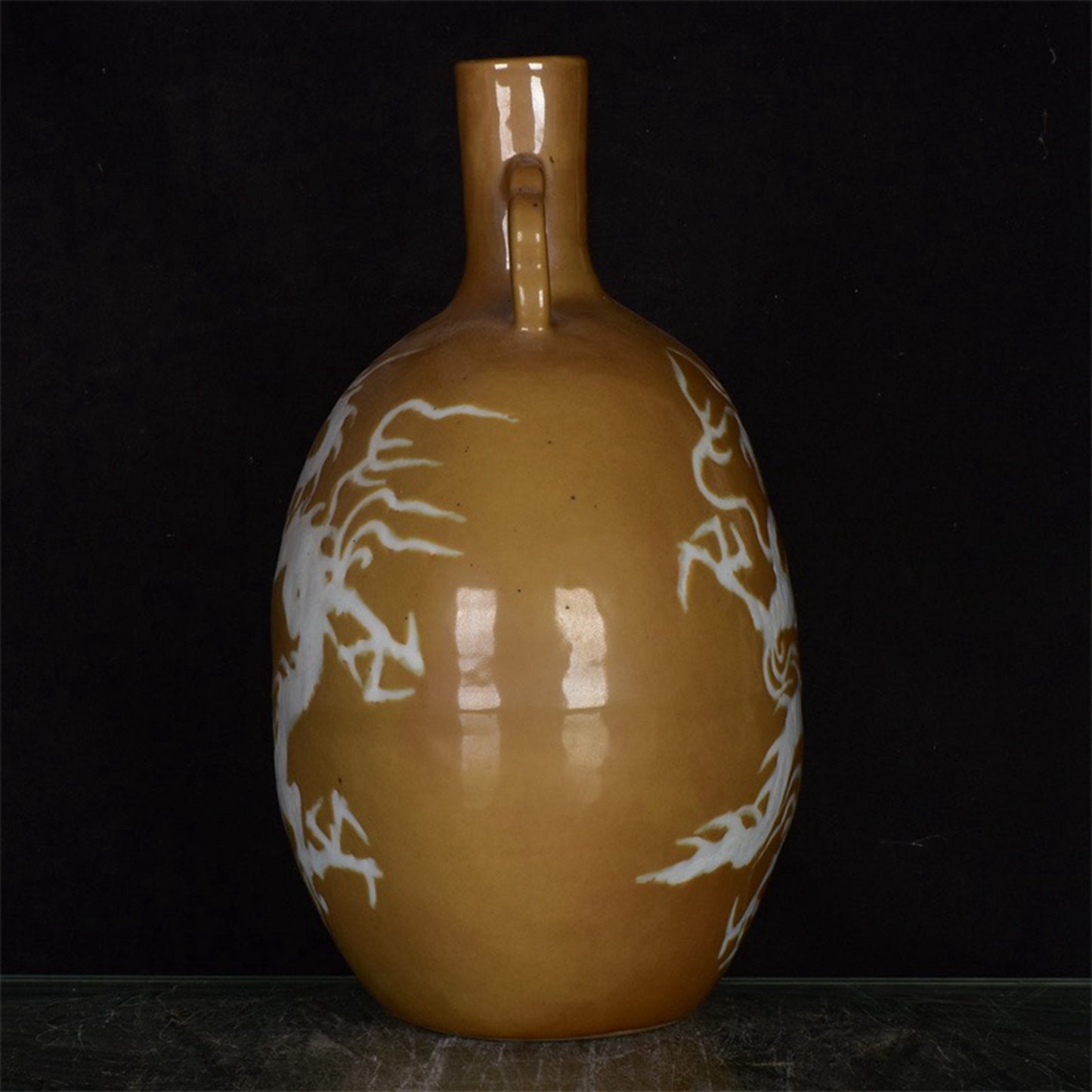 Chinese Antique Sauce Glazed White Dragon Pattern Double Ear Moon Embracing Bottle