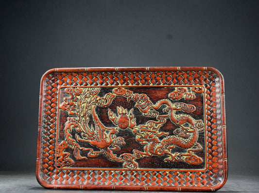 Purple sandalwood carved dragon and phoenix auspicious tea plate