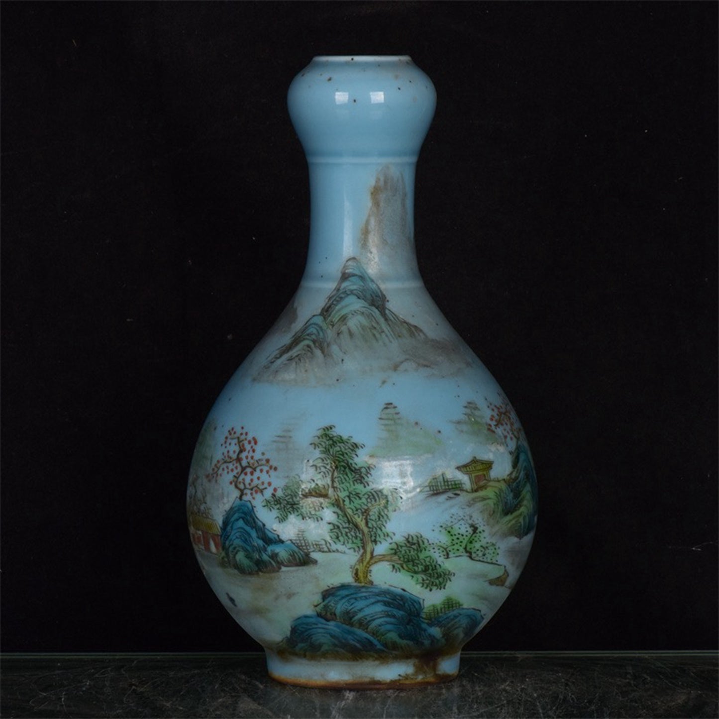 Chinese antique blue glazed pink landscape patterned garlic bottle