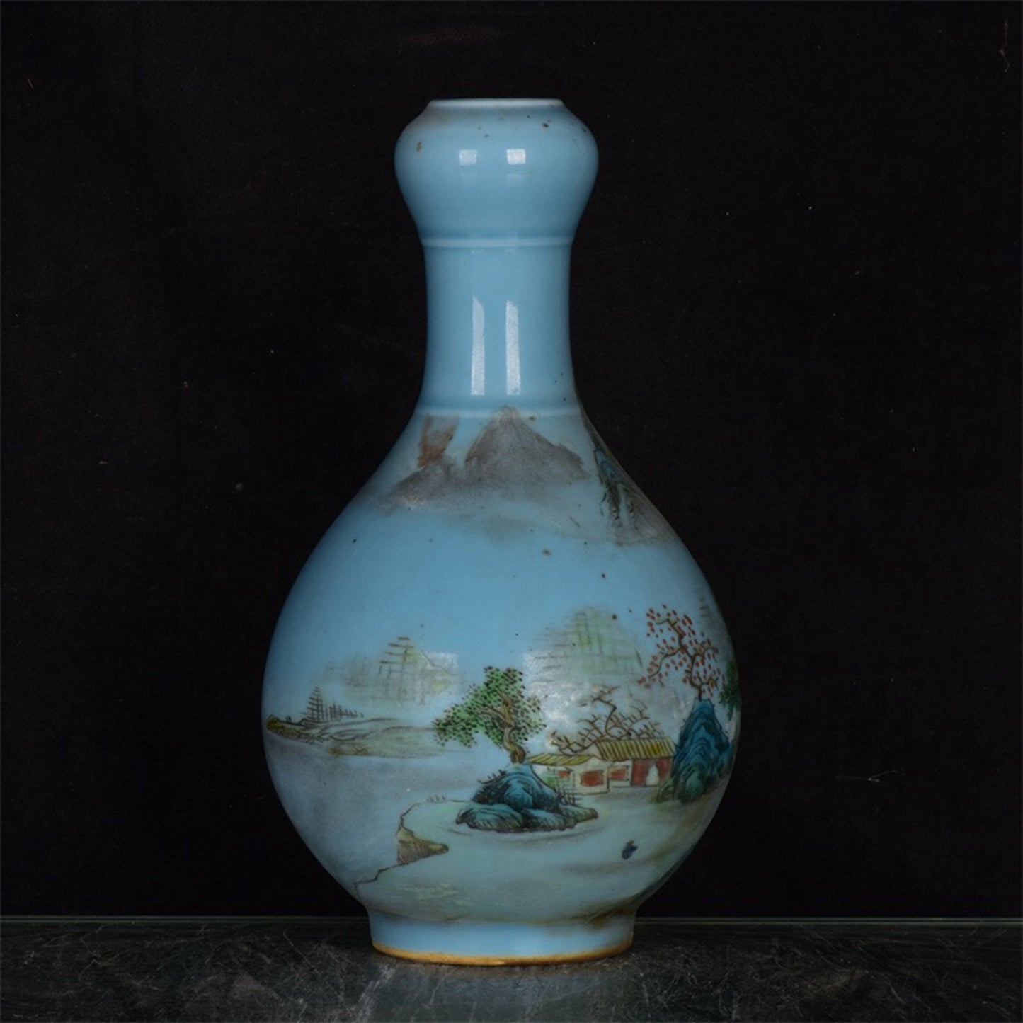 Chinese antique blue glazed pink landscape patterned garlic bottle